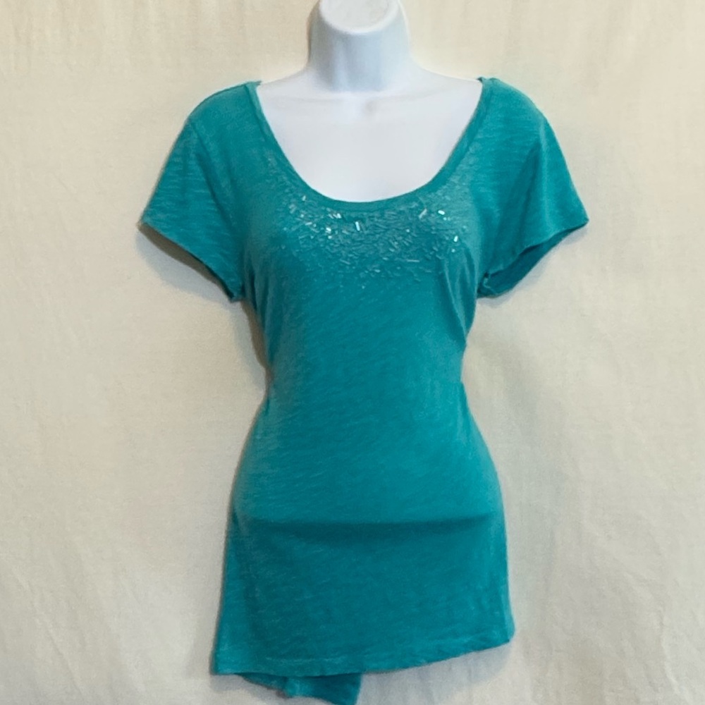 D-20 Caslon Teal Green Short Sleeve Beaded Pullover Blouse Size M